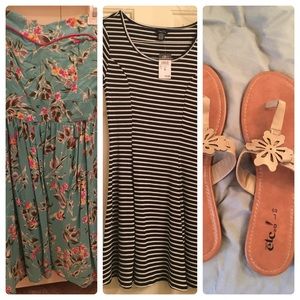 3 items, sandals and 2 mini dresses